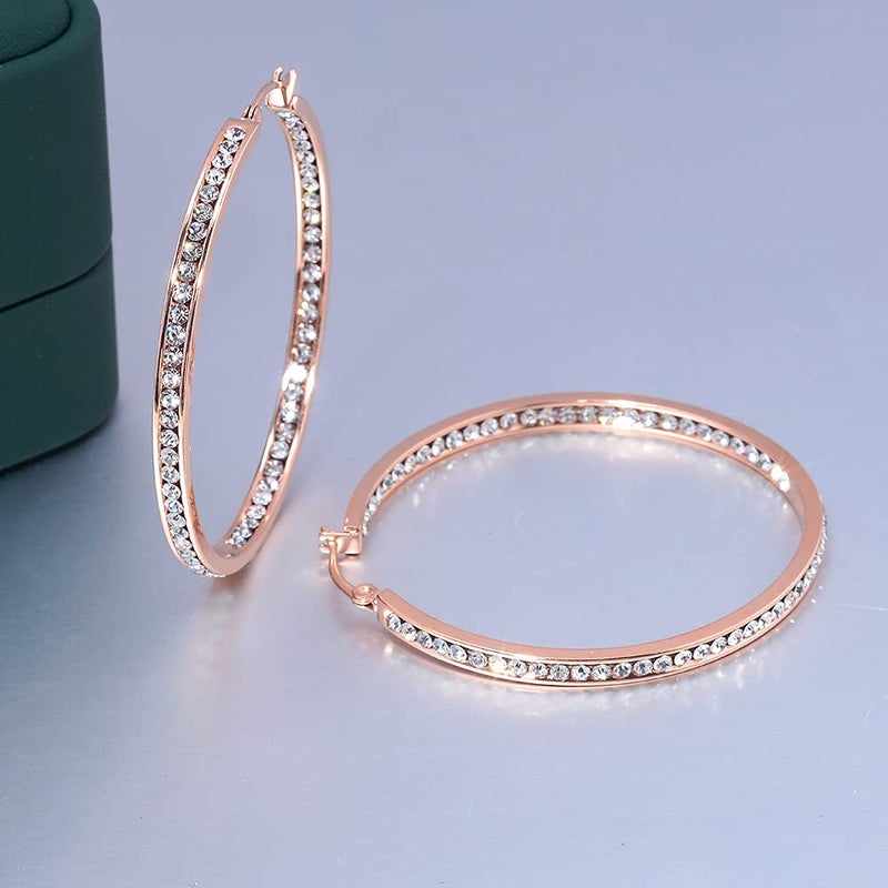 CiNily Ladies Earring Hoops-Large Hoops Rose Gold Plated Hoop Earrings for Women White Cubic Zirconia Big Hoop Earrings Hypoallergenic for Sensitive Ears - Image 3